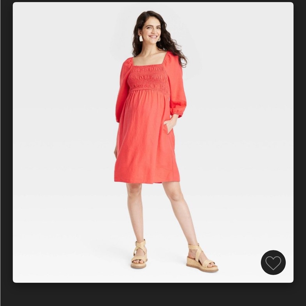 Puff Elbow-Sleeve Smocked Linen Mini Maternity Dress - Small - Coral - NWOT